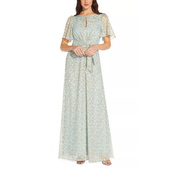 Adrianna Papell Women's Floral Jacquard Keyhole Gown Blue Size 6
